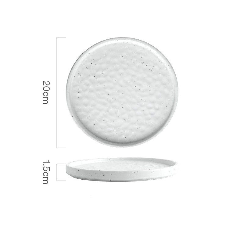 Assiette japonaise Tsuki blanche de taille moyenne, vues de dessus et de profil avec schéma des dimensions