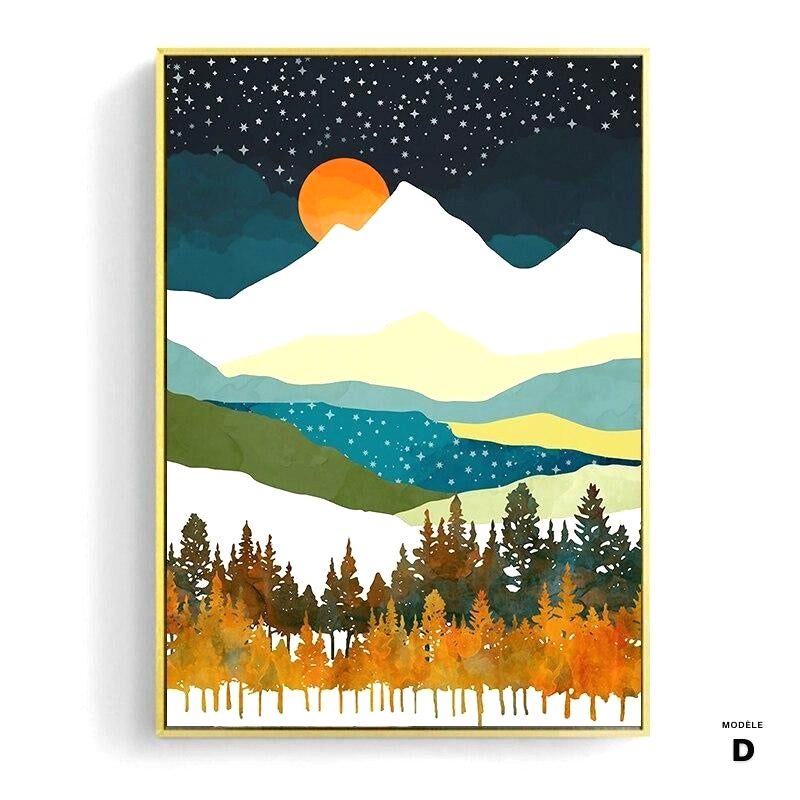 Affiche Soleil et lune modèle D, soleil orange et forêt d'automne