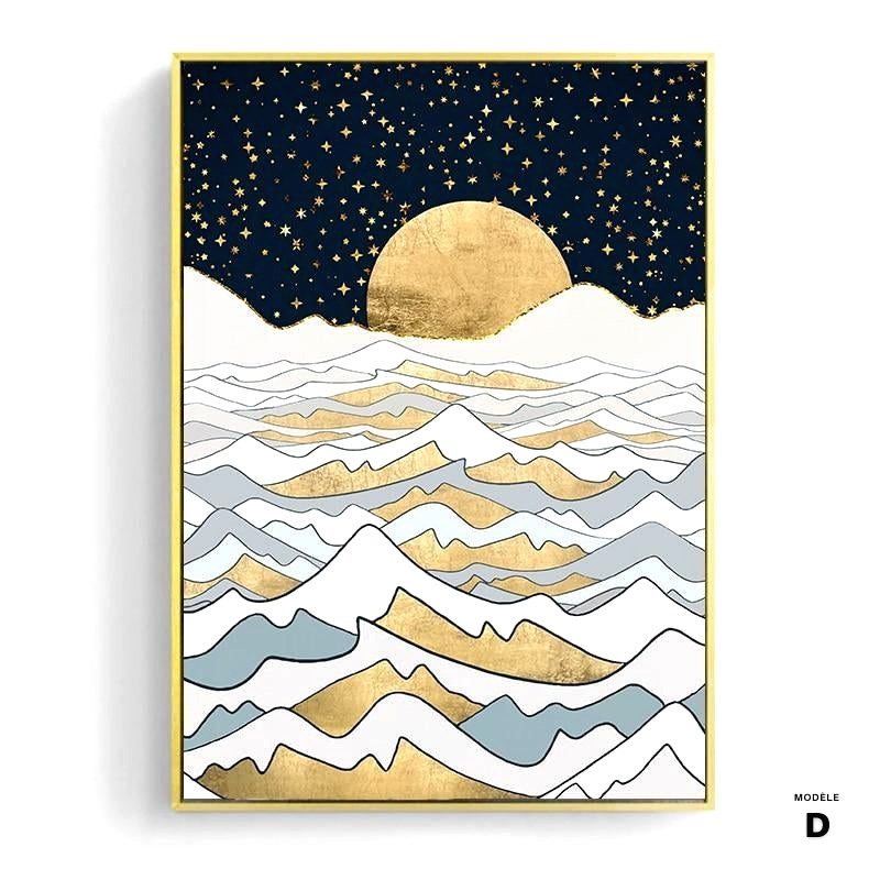 Affiche Désert bleu modèle D, soleil doré sur ciel nocturne et crêtes blanches