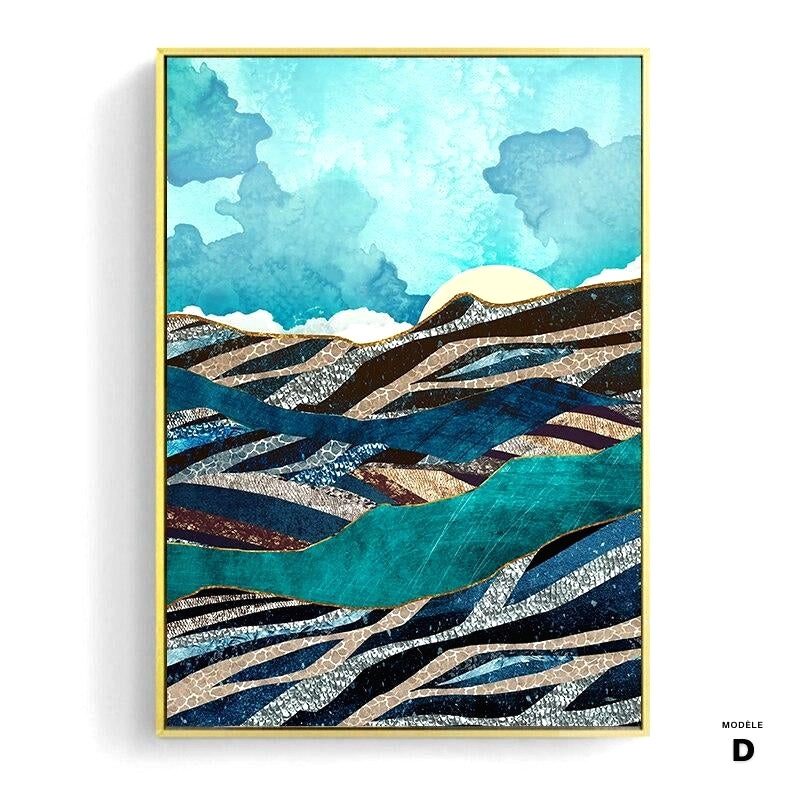 Affiche Terre et mer modèle D, vagues bleues et dorées sous un ciel nuageux