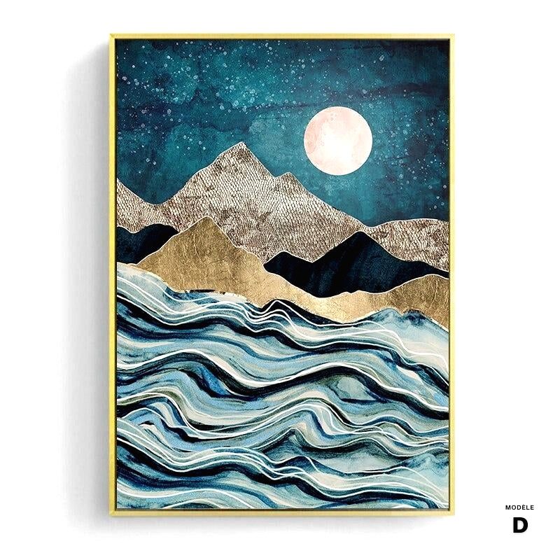 Affiche Paysage onirique modèle D, pleine lune sur montagnes et vagues