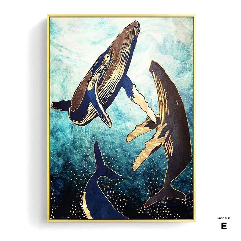 Affiche Terre et mer modèle E, deux baleines dans une mer turquoise