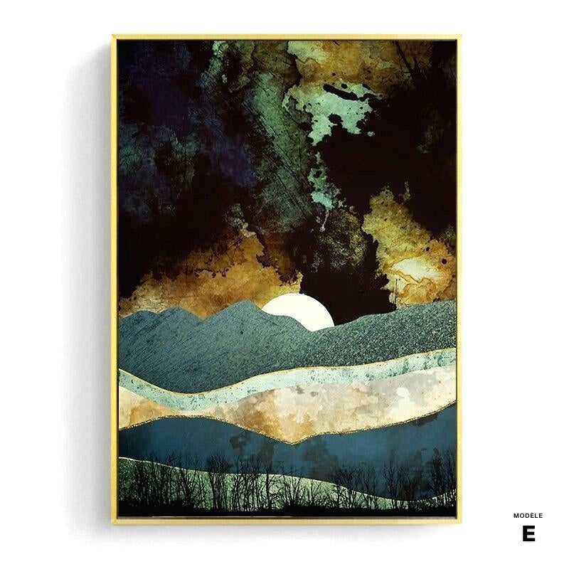 Affiche Paysage onirique modèle E, lune voilée et collines bleues