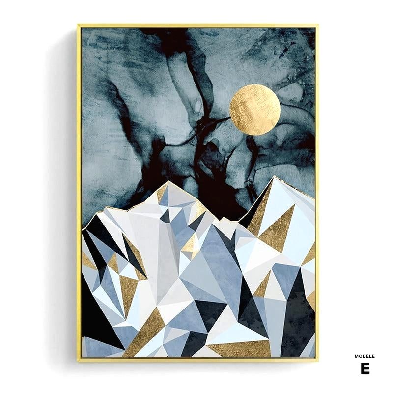Affiche Désert bleu modèle E, montagnes géométriques et lune dorée