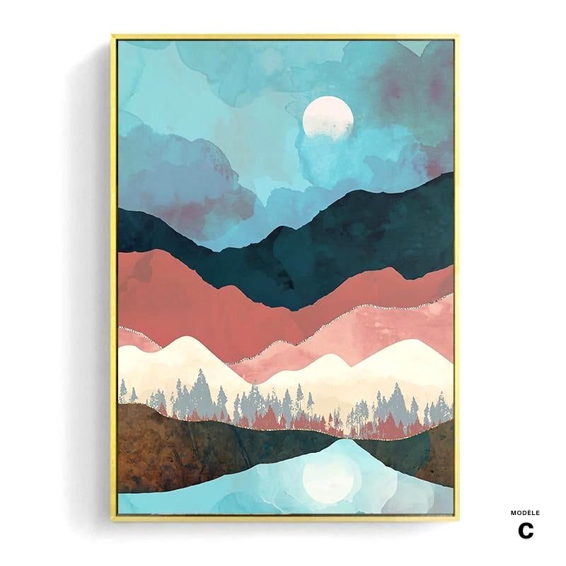 Affiche Terre et mer modèle C, montagnes roses et lune reflétée dans un lac
