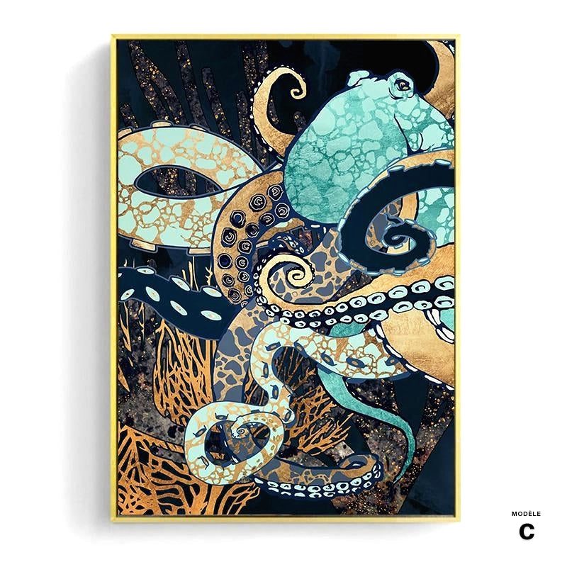 Affiche Paysage onirique modèle C, pieuvre turquoise et dorée