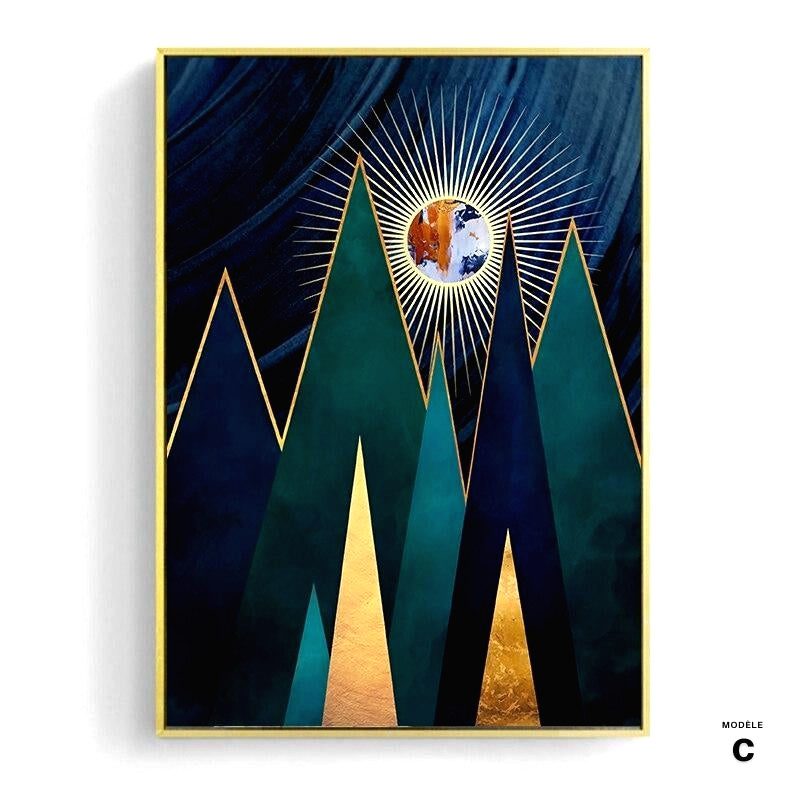 Affiche Soleil et lune modèle C, montagnes pointues sous un astre rayonnant