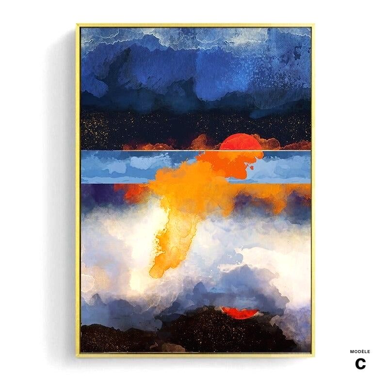 Affiche Mer de feu modèle C, soleil rouge entre nuages bleus et orange