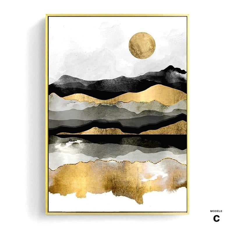 Affiche Désert bleu modèle C, soleil doré et bandes noires et dorées