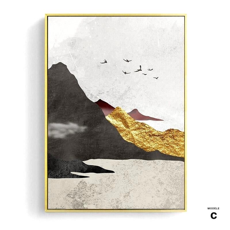 Affiche Soleil d'or modèle C, montagne noire et oiseaux sur fond gris