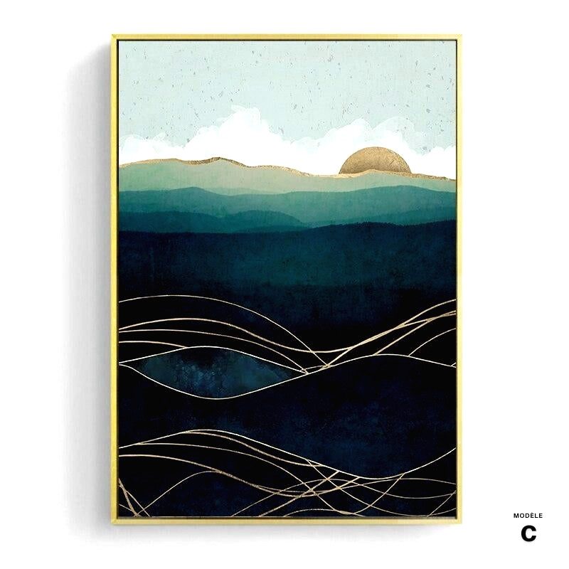 Affiche Profondeurs de la mer modèle C, soleil doré et lignes de vagues