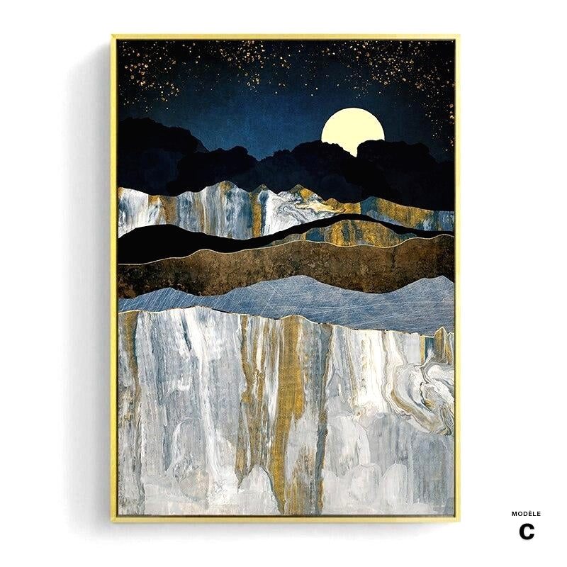 Affiche Clair de lune sur la mer modèle C, lune dorée et falaises grises