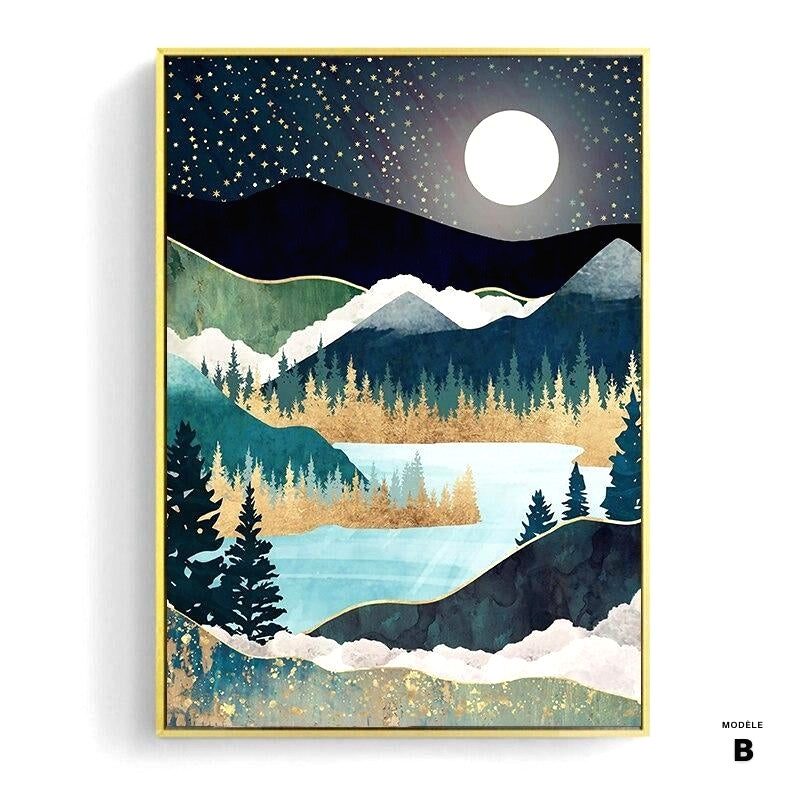 Affiche Soleil et lune modèle B, pleine lune sur un lac et des sapins