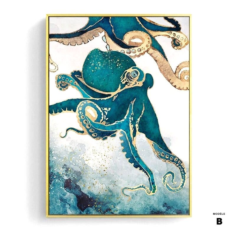 Affiche Profondeurs de la mer modèle B, pieuvre turquoise et dorée
