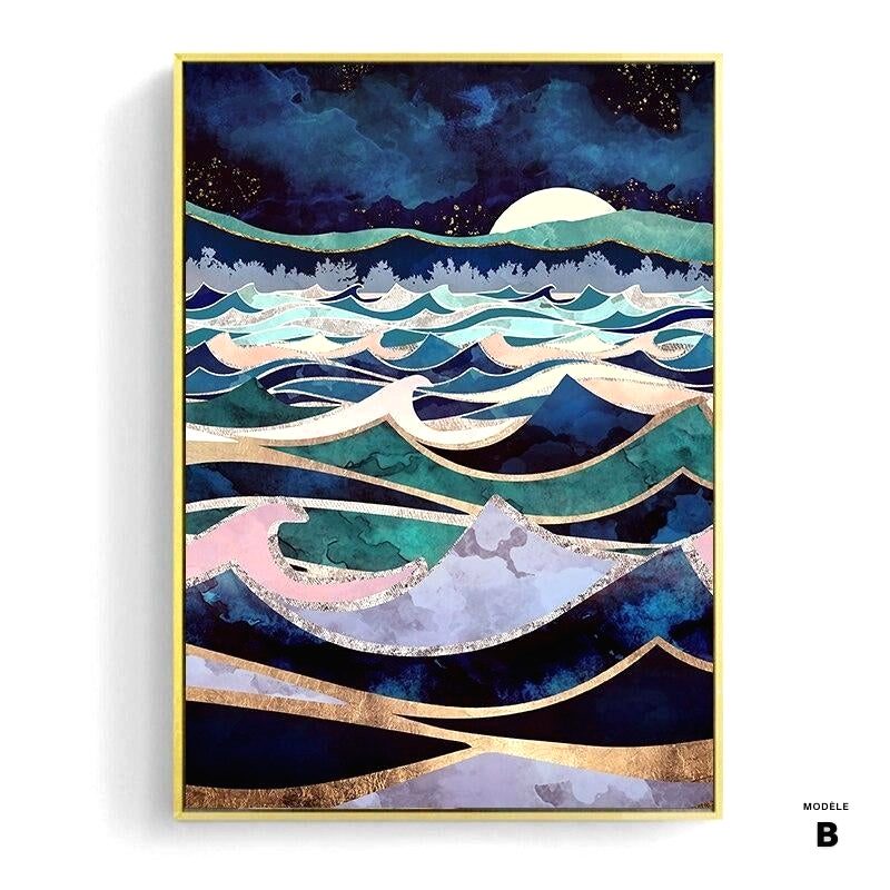 Affiche Clair de lune sur la mer modèle B, vagues pastel sous la lune