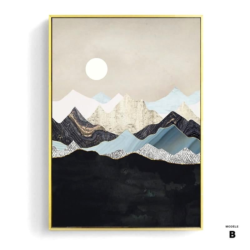 Affiche Désert bleu modèle B, soleil blanc sur montagnes et fond noir