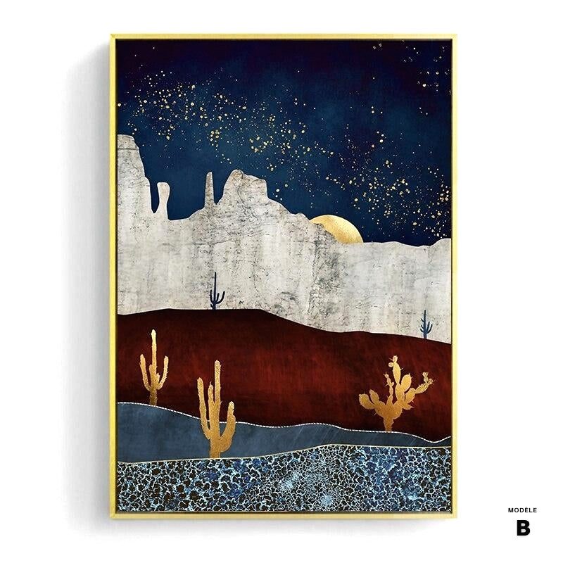 Affiche Paysage onirique modèle B, cactus dorés sous un ciel nocturne