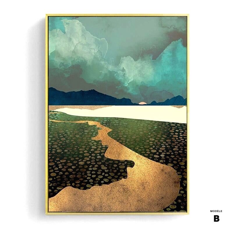 Affiche Terre et mer modèle B, chemin doré traversant une plaine verte