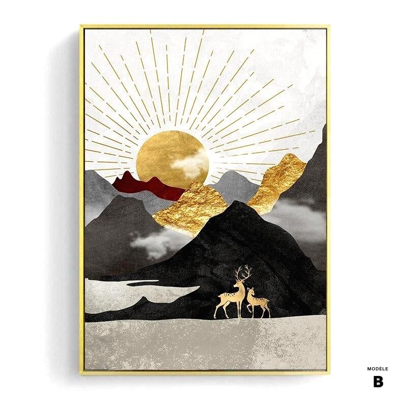 Affiche Soleil d'or modèle B, soleil doré rayonnant et deux cerfs