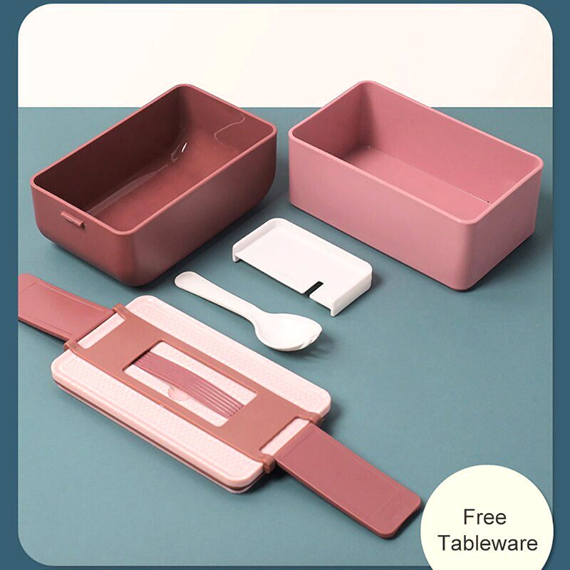 Bento portable rose démonté, deux boîtes, couvercle à poignée et couverts blancs