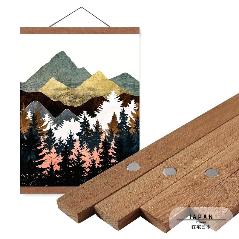Cadre de suspension en bois coloris teck tenant une affiche, aimants visibles