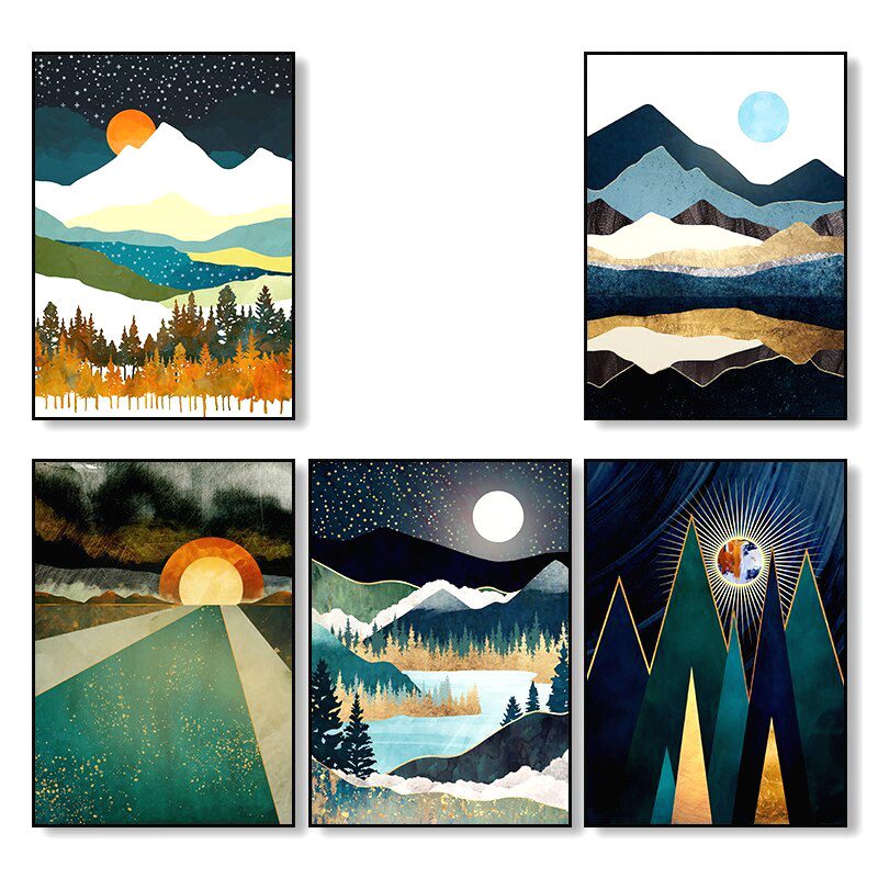 Les cinq affiches Soleil et lune présentées ensemble