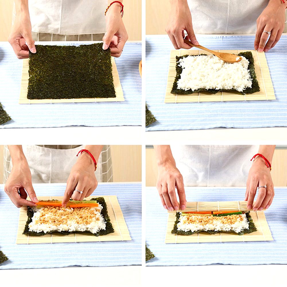 Quatre étapes pour rouler un maki sur la natte à sushi en bambou
