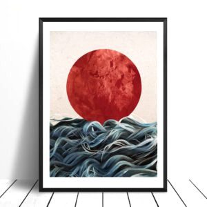 Affiche Soleil levant, soleil rouge au-dessus de vagues bleues, cadre noir posé au sol