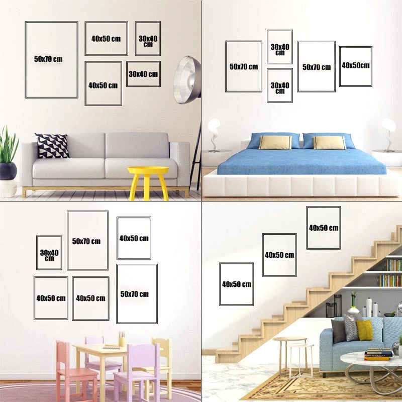 Schéma des dimensions de compositions murales dans quatre pièces meublées