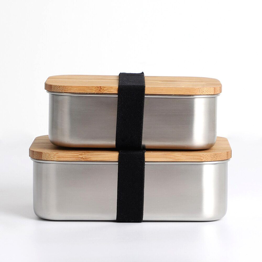 Deux bentos en inox et bambou de tailles différentes empilés avec sangle noire