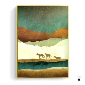 Affiche Montagne Ocre modèle A, trois chevaux sous un ciel vert