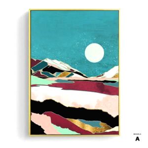 Affiche Terre et mer modèle A, lune blanche sur ciel turquoise et collines roses
