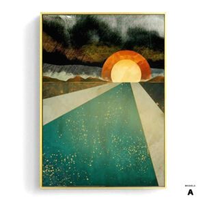 Affiche Soleil et lune modèle A, soleil couchant au bout d'une route verte