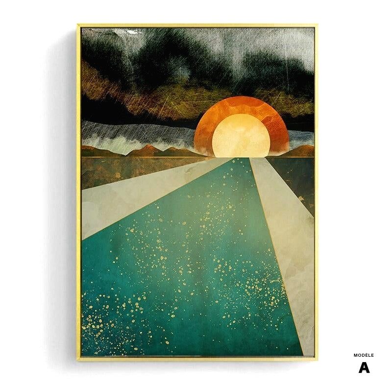 Affiche Soleil et lune modèle A, soleil couchant au bout d'une route verte