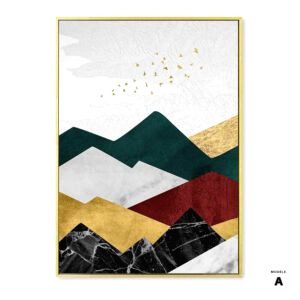 Affiche Zénith modèle A, montagnes vertes, rouges et dorées avec oiseaux
