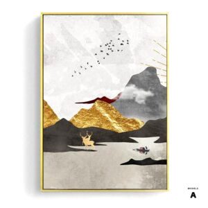 Affiche Soleil d'or modèle A, montagnes dorées, cerf et vol d'oiseaux