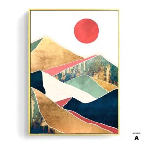 Affiche Forêt dorée modèle A, soleil rouge sur montagnes dorées et vertes