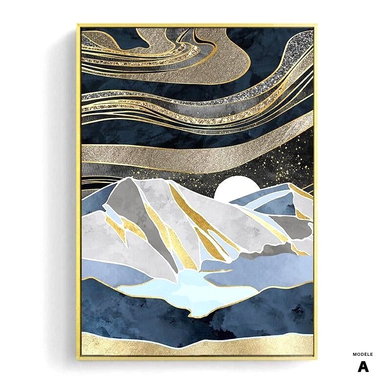 Affiche Désert bleu modèle A, montagne bleue sous des vagues dorées