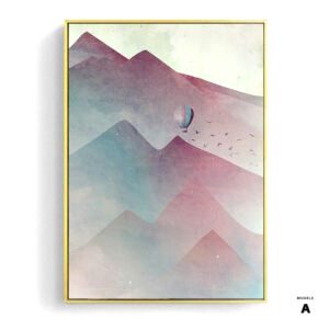 Affiche Lune sur la montagne modèle F, montagnes roses et montgolfière