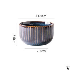 Bol à riz Senzo bleu strié, modèle A, avec schéma des dimensions