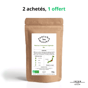 Sachet kraft de matcha en poudre sous un bandeau deux achetés, un offert