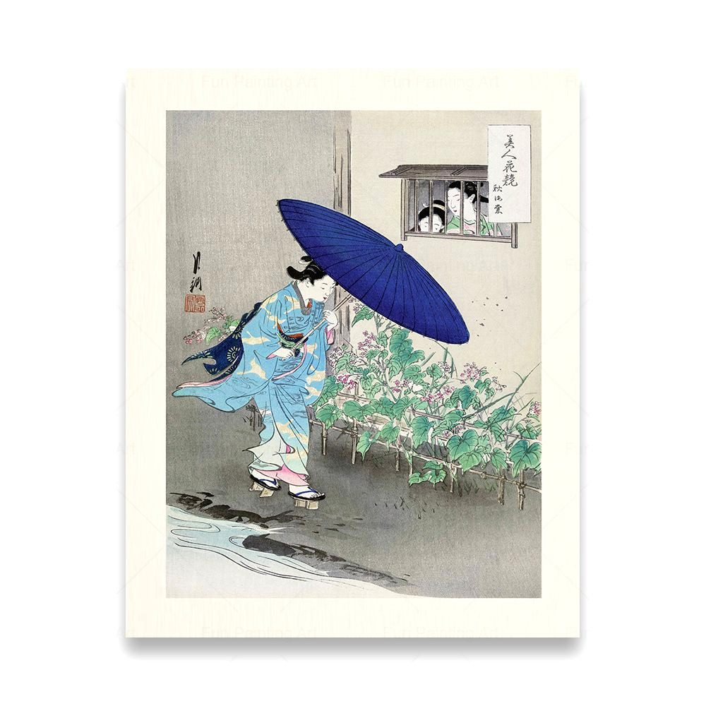 Affiche estampe japonaise ukiyo-e, modèle La dame au parapluie bleu