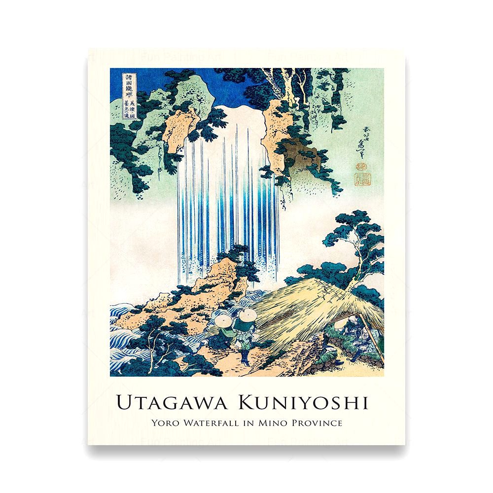 Affiche estampe japonaise ukiyo-e, modèle Cascade japonaise avec chute d'eau bleue