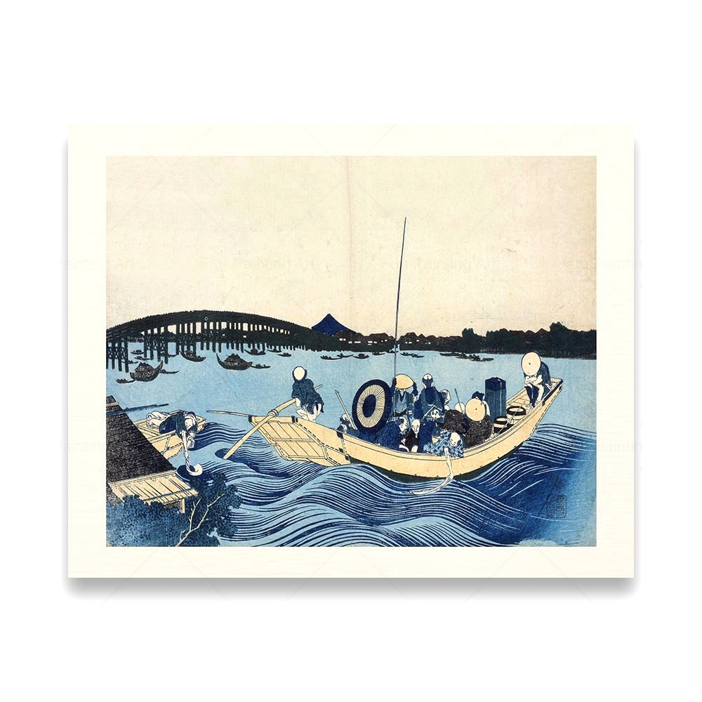Affiche estampe japonaise ukiyo-e, modèle Pêche et tradition avec barque et pont