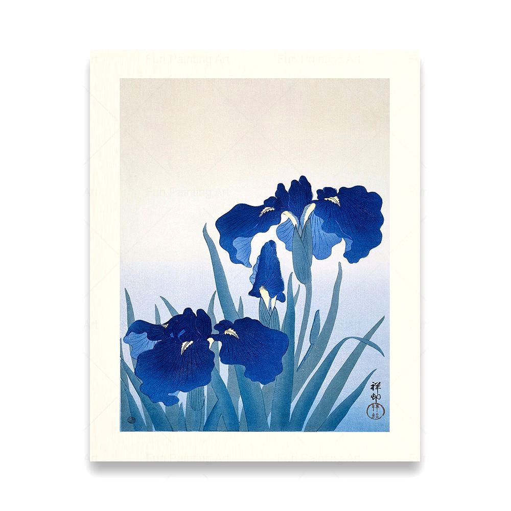 Affiche estampe japonaise ukiyo-e, modèle Fleur bleue avec iris sur fond clair