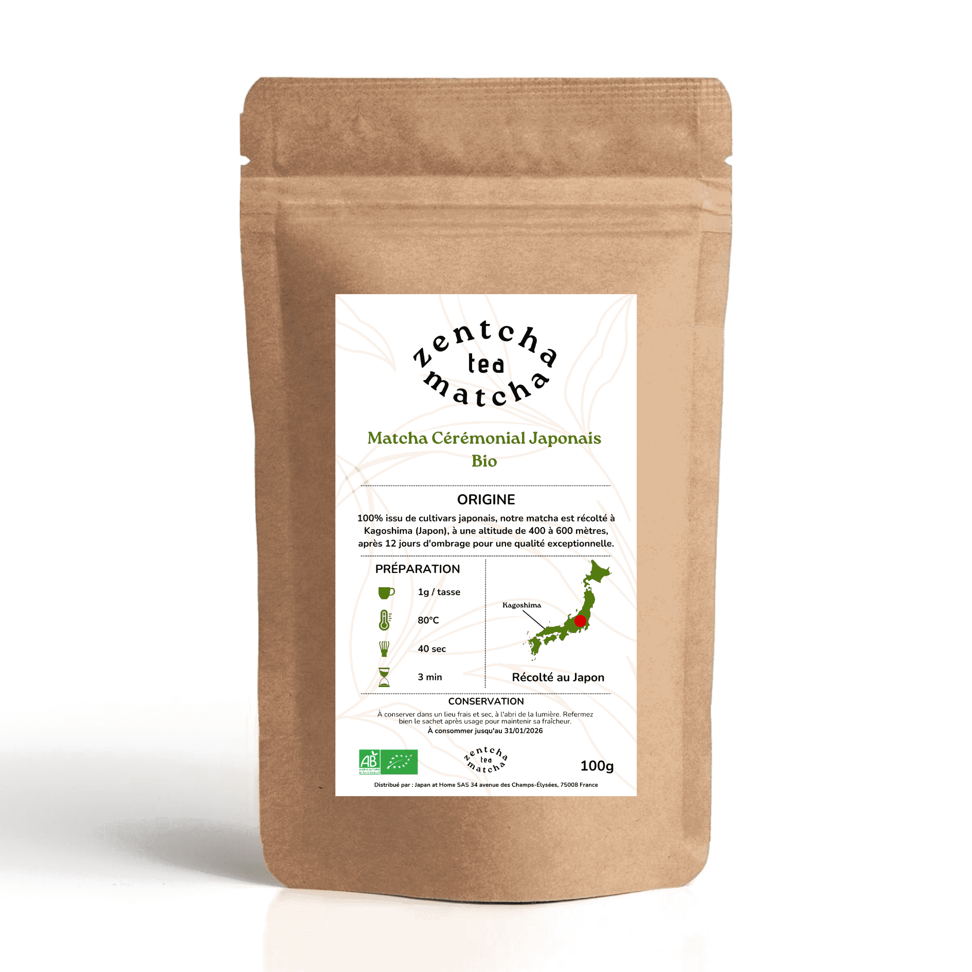 Sachet kraft de matcha en poudre de cent grammes vu de face