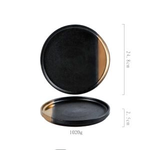 Grande assiette japonaise Yuna noire à bande dorée, vues de dessus et de profil avec schéma des dimensions