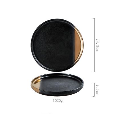 Grande assiette japonaise Yuna noire à bande dorée, vues de dessus et de profil avec schéma des dimensions