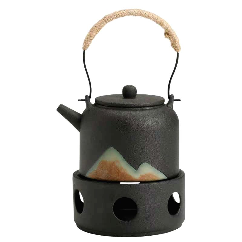 Théière Montagne noire à anse tressée et réchaud assorti, vue de face