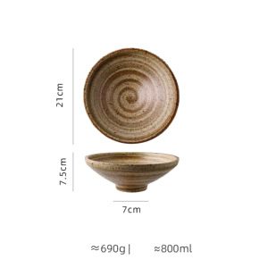 Assiette japonaise Yugoro brune à spirale, vues de dessus et de profil avec schéma des dimensions